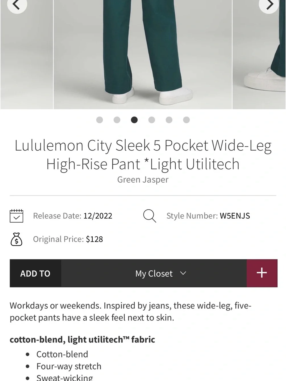 💚 Lululemon City Sleek 5-Pocket Wide-Leg High-Rise Pants – Green Jasper